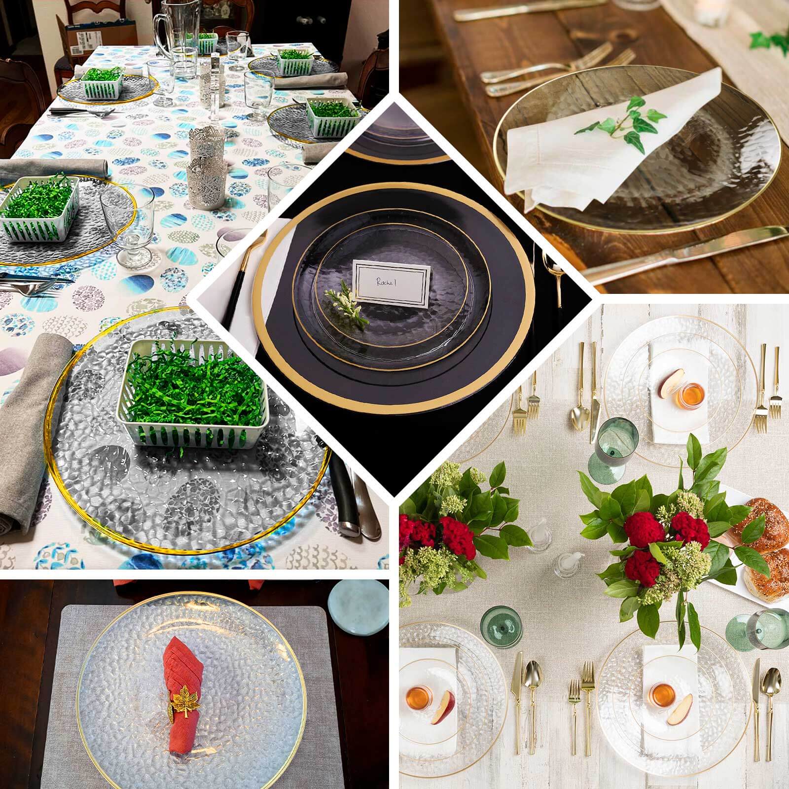 6 - Pack Economy Plastic Round Charger Plates 13" in Clear Hammered Design with Gold Rim, Decorative Dinner Party Serving Plates - Bell Racket Store