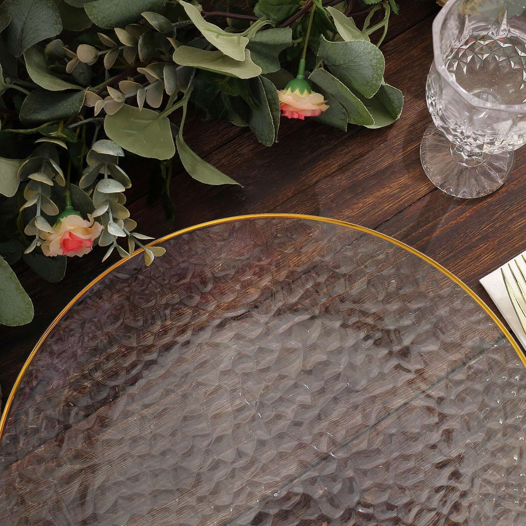 6 - Pack Economy Plastic Round Charger Plates 13" in Clear Hammered Design with Gold Rim, Decorative Dinner Party Serving Plates - Bell Racket Store