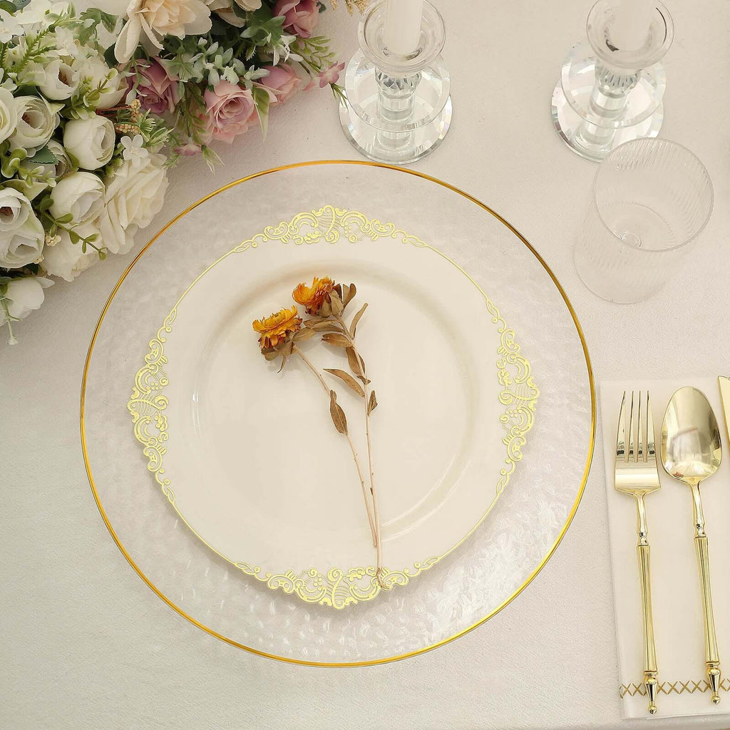 6 - Pack Economy Plastic Round Charger Plates 13" in Clear Hammered Design with Gold Rim, Decorative Dinner Party Serving Plates - Bell Racket Store