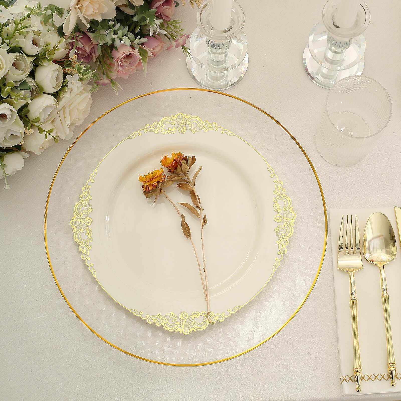 6 - Pack Economy Plastic Round Charger Plates 13" in Clear Hammered Design with Gold Rim, Decorative Dinner Party Serving Plates - Bell Racket Store