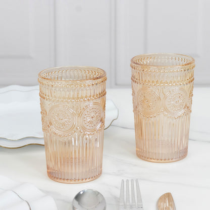 6 Pack Embossed Glass Tumblers â€“ 13oz Amber Gold Vintage Textured Floral Drinking Cups for Water & Cocktails - Bell Racket Store