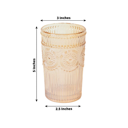 6 Pack Embossed Glass Tumblers â€“ 13oz Amber Gold Vintage Textured Floral Drinking Cups for Water & Cocktails - Bell Racket Store