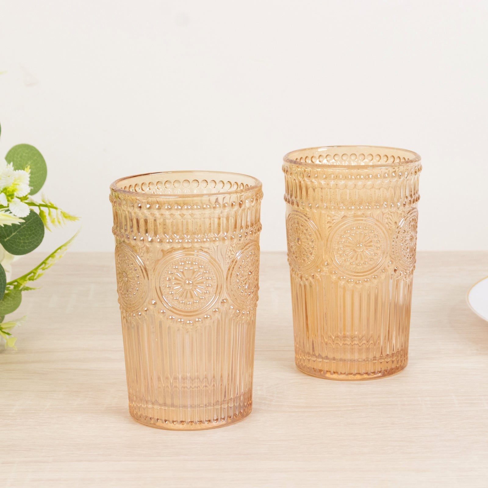 6 Pack Embossed Glass Tumblers â€“ 13oz Amber Gold Vintage Textured Floral Drinking Cups for Water & Cocktails - Bell Racket Store