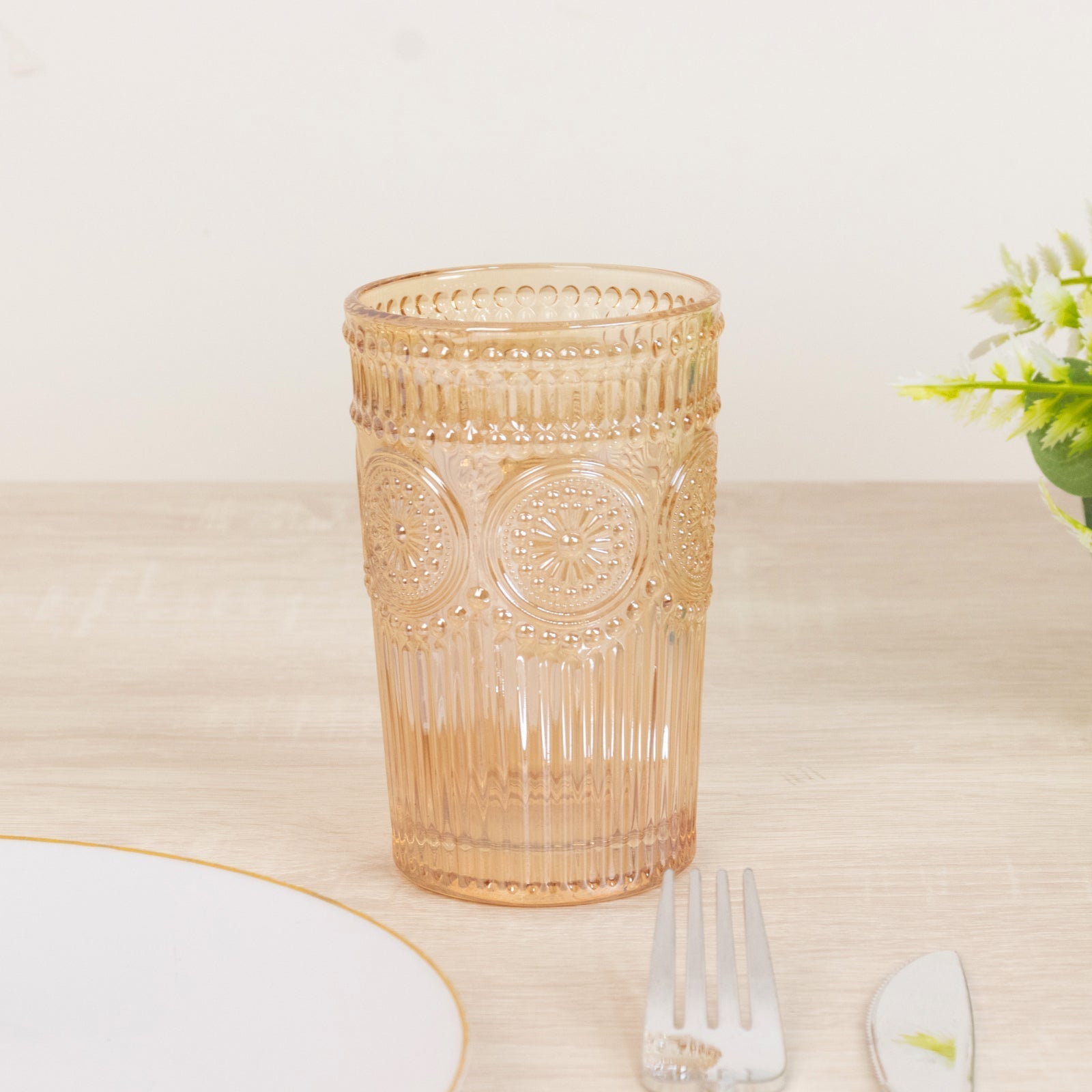 6 Pack Embossed Glass Tumblers â€“ 13oz Amber Gold Vintage Textured Floral Drinking Cups for Water & Cocktails - Bell Racket Store