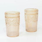 6 Pack Embossed Glass Tumblers â€“ 13oz Amber Gold Vintage Textured Floral Drinking Cups for Water & Cocktails - Bell Racket Store