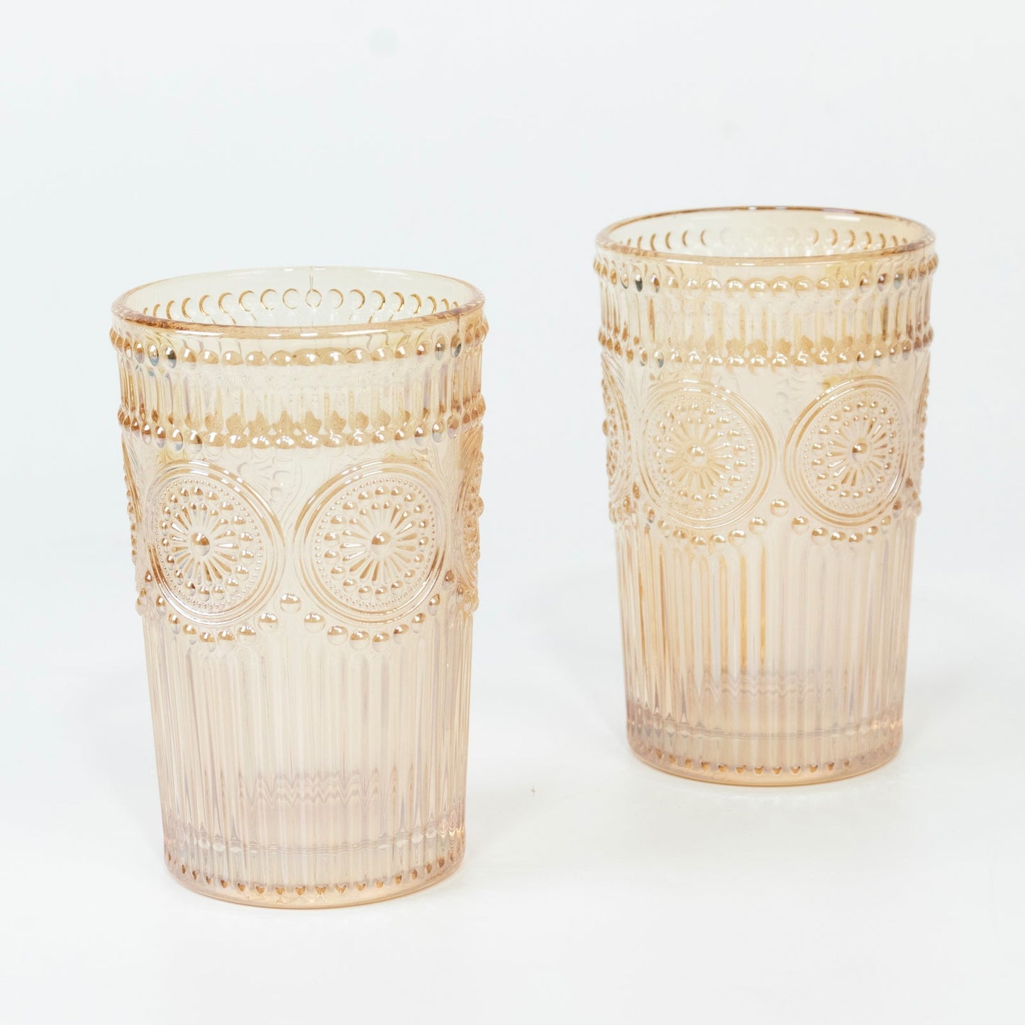6 Pack Embossed Glass Tumblers â€“ 13oz Amber Gold Vintage Textured Floral Drinking Cups for Water & Cocktails - Bell Racket Store