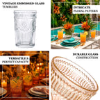 6 Pack Embossed Glass Tumblers â€“ 13oz Clear Vintage Textured Floral Drinking Cups for Water & Cocktails - Bell Racket Store