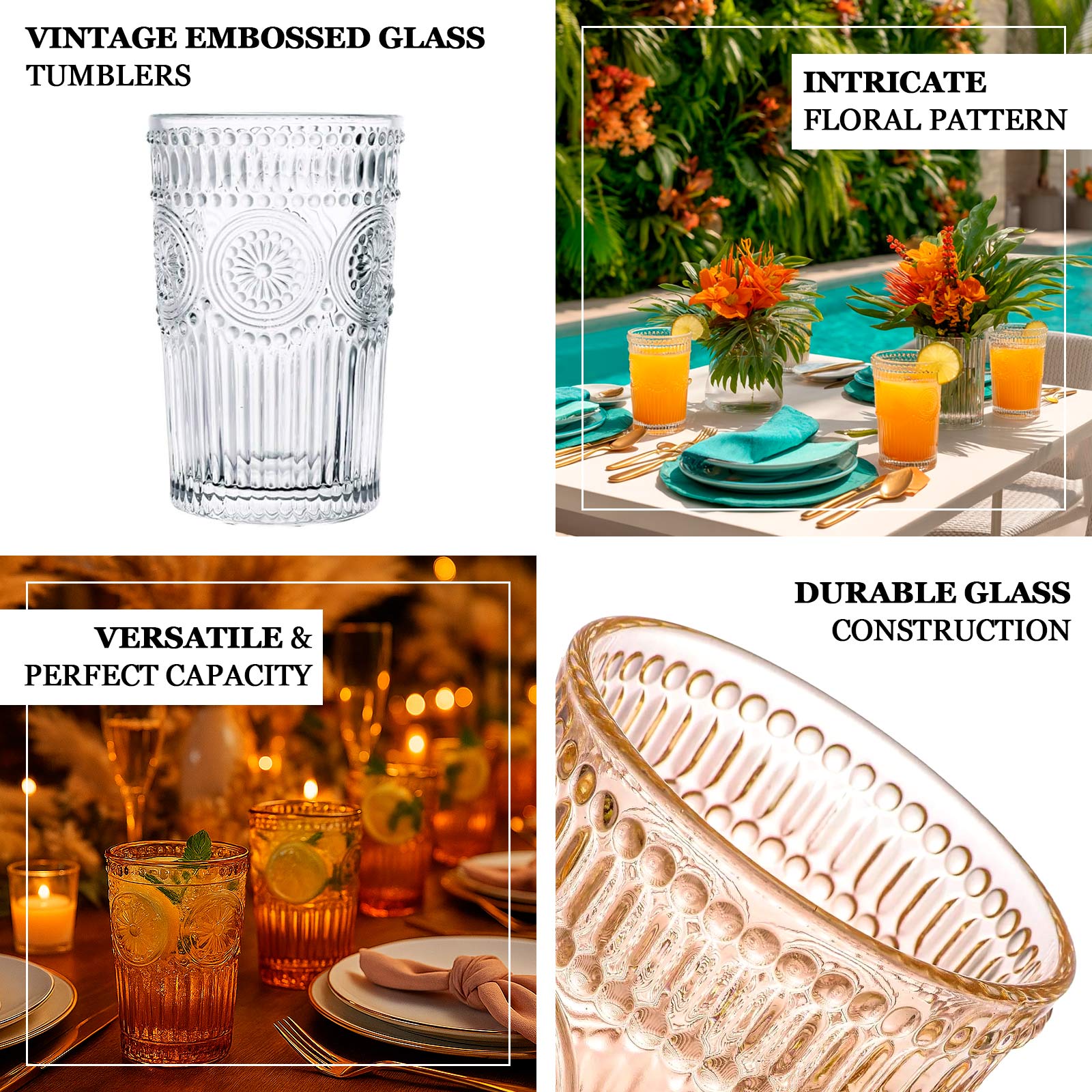 6 Pack Embossed Glass Tumblers â€“ 13oz Clear Vintage Textured Floral Drinking Cups for Water & Cocktails - Bell Racket Store