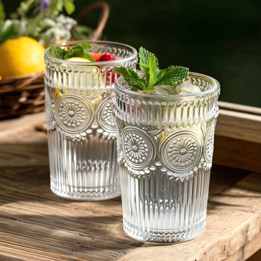 6 Pack Embossed Glass Tumblers â€“ 13oz Clear Vintage Textured Floral Drinking Cups for Water & Cocktails - Bell Racket Store