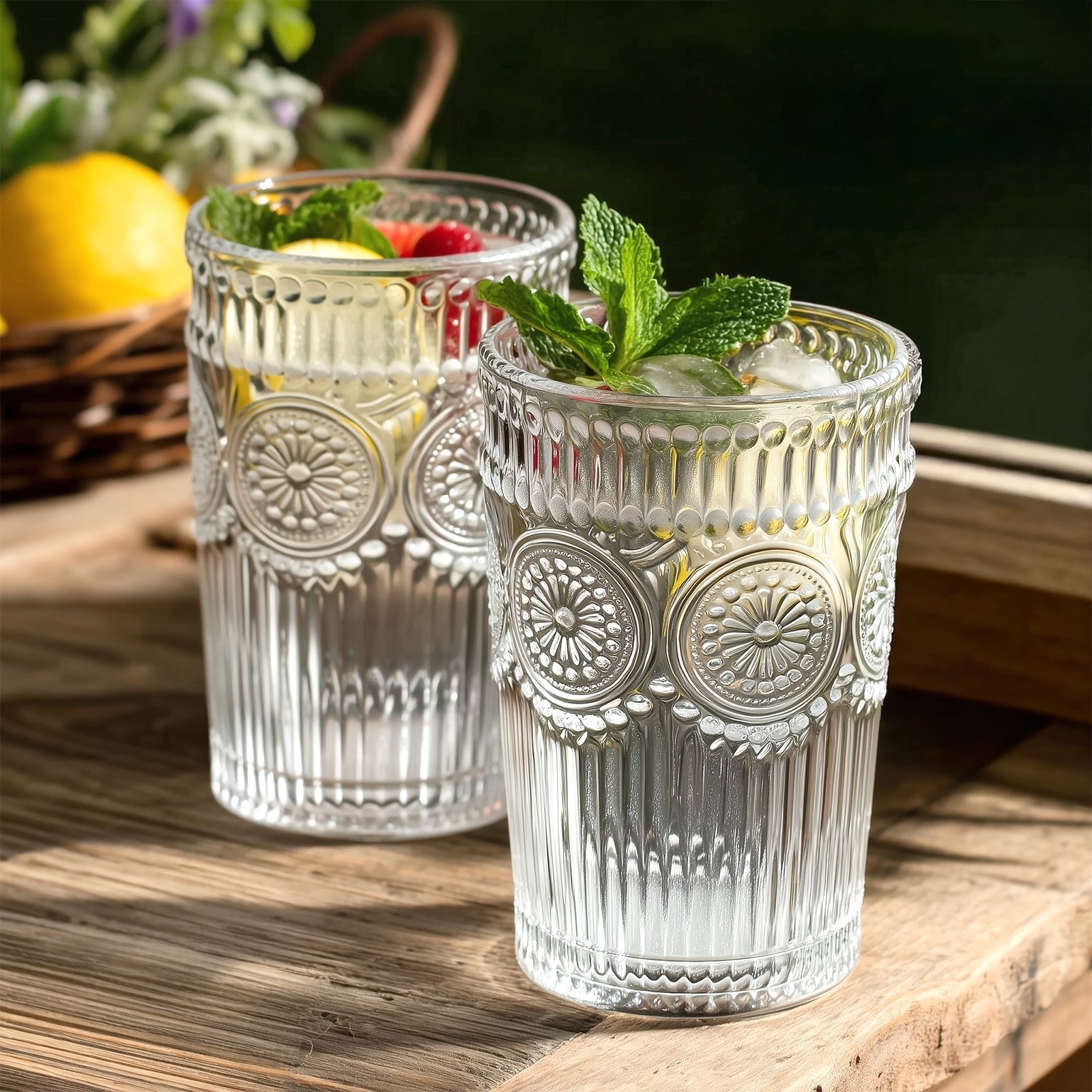 6 Pack Embossed Glass Tumblers â€“ 13oz Clear Vintage Textured Floral Drinking Cups for Water & Cocktails - Bell Racket Store