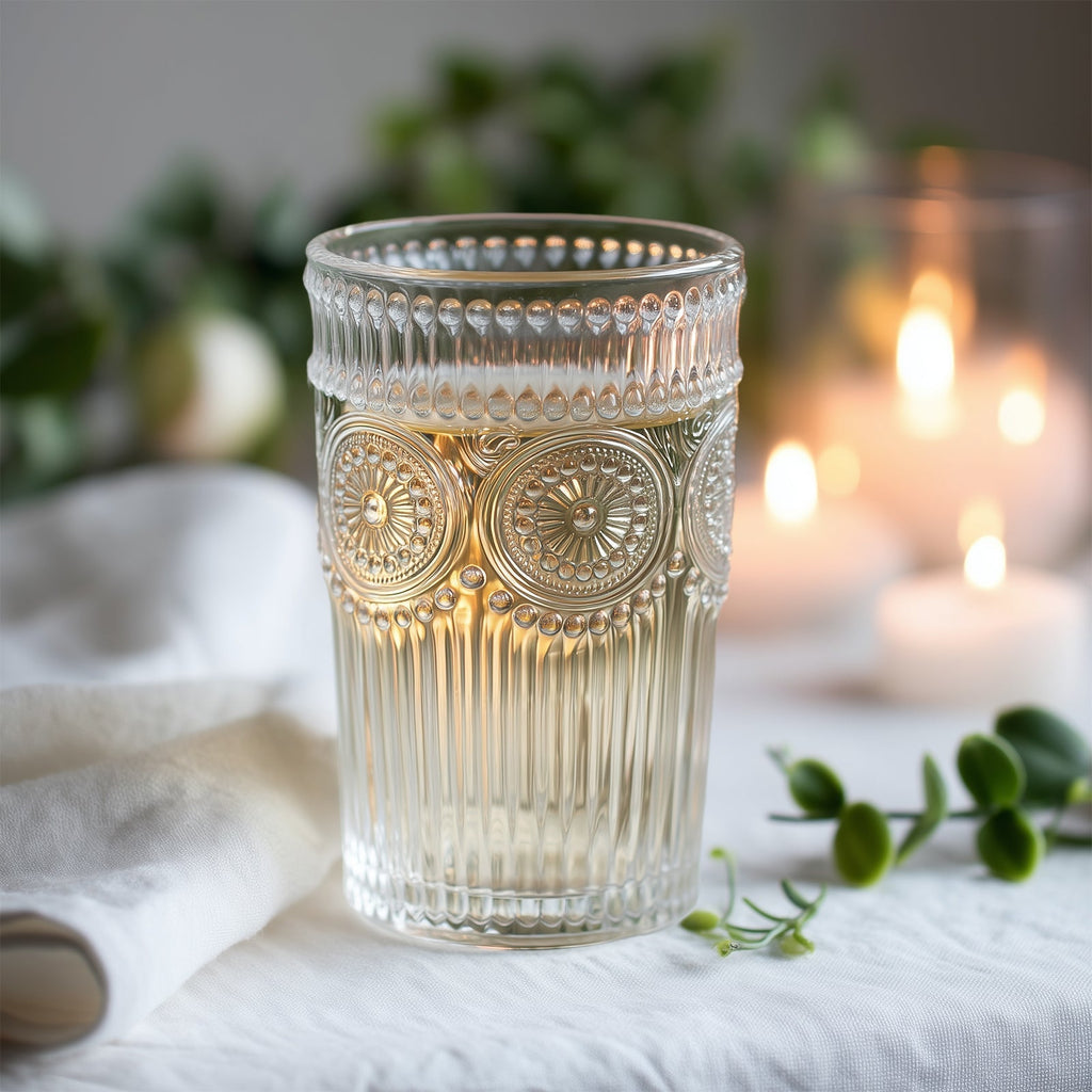 6 Pack Embossed Glass Tumblers â€“ 13oz Clear Vintage Textured Floral Drinking Cups for Water & Cocktails - Bell Racket Store