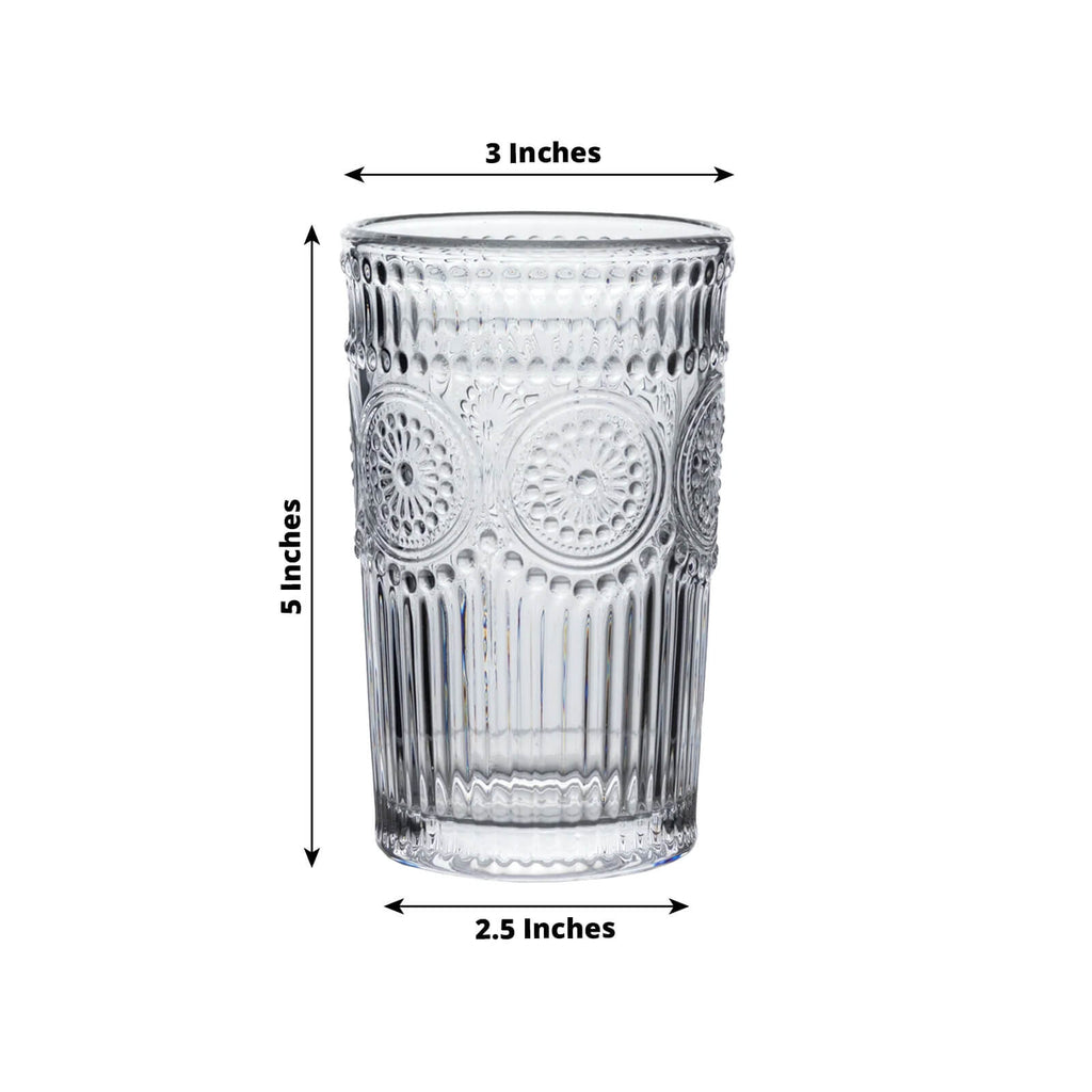 6 Pack Embossed Glass Tumblers â€“ 13oz Clear Vintage Textured Floral Drinking Cups for Water & Cocktails - Bell Racket Store