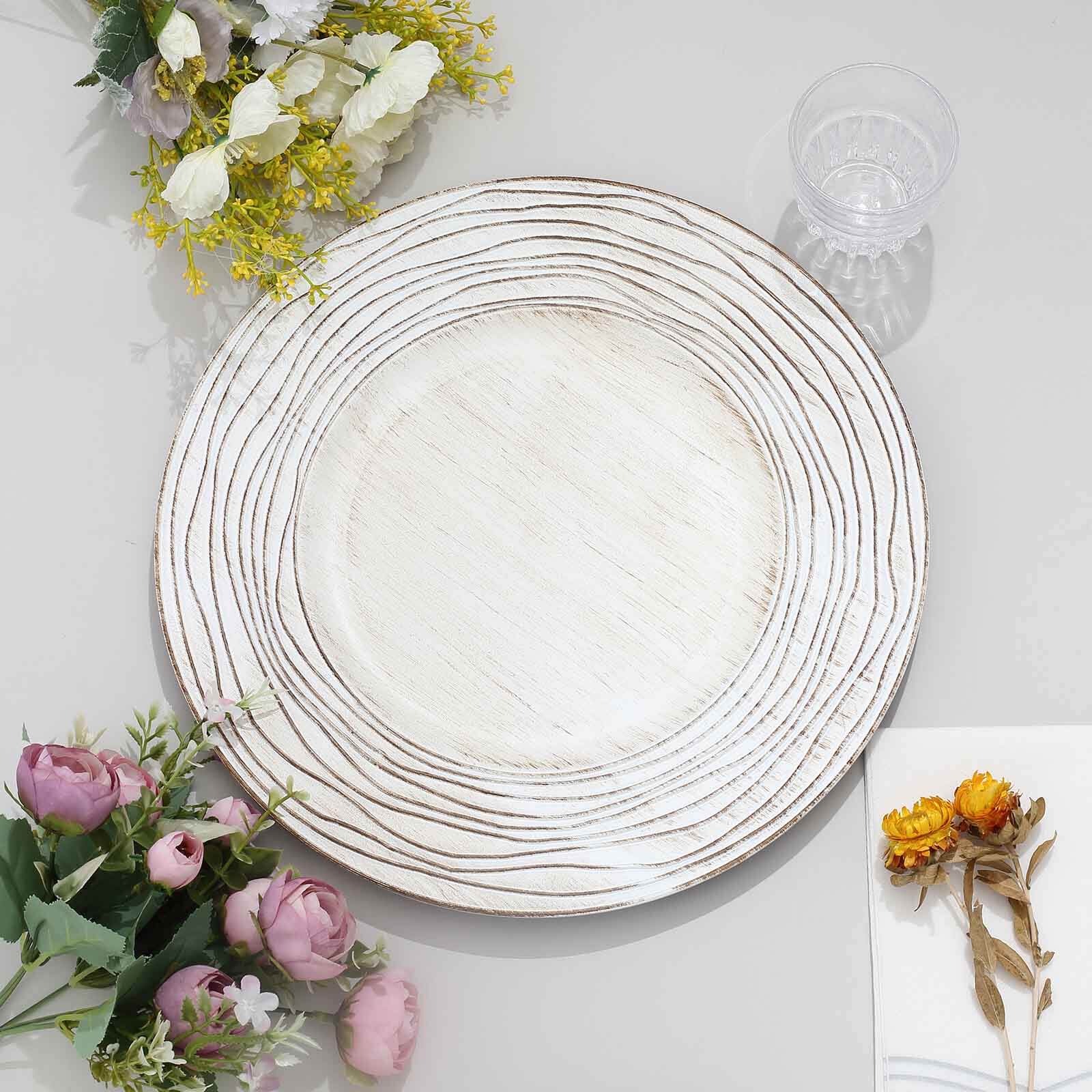 6-Pack Faux Wood Round Charger Plates 13" White Washed with Rose Embossed Rim, Disposable Plastic Charger Tableware