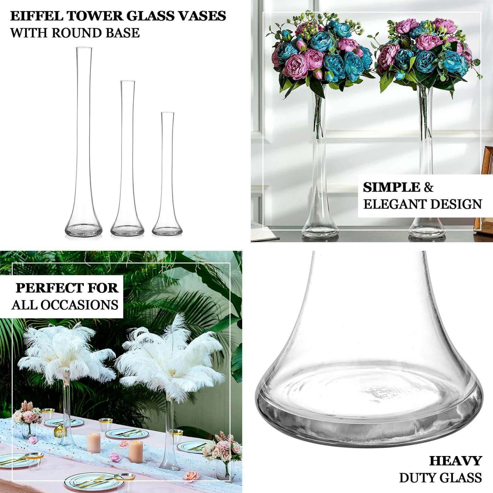 6 - Pack Glass Eiffel Tower Vases Clear with Round Base - Tall Skinny Flower Bud Wedding Centerpieces 20" - Bell Racket Store