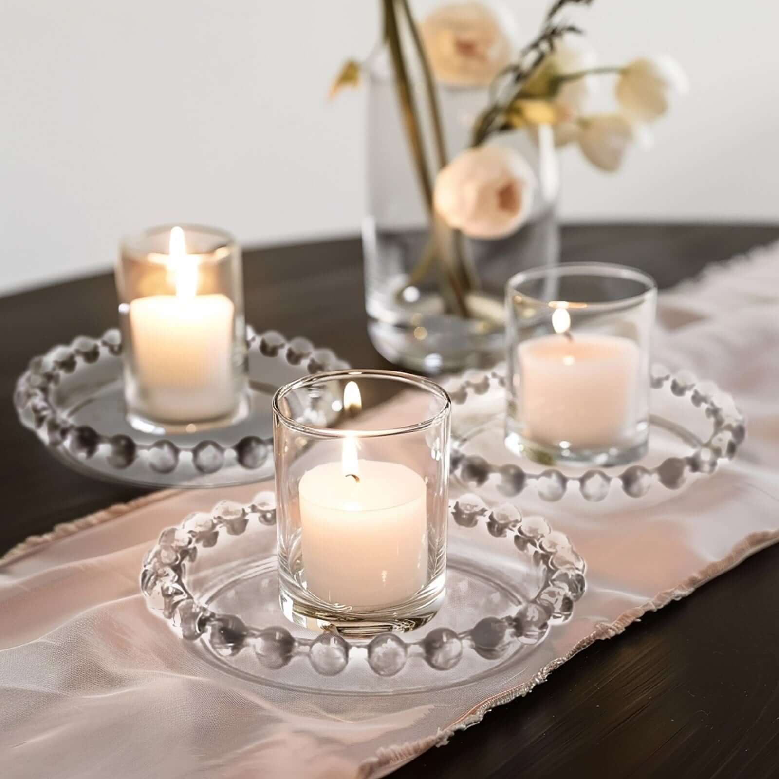 6 - Pack Glass Pillar Candle Holder Plates Clear with Beaded Rims - Transparent Small Round Coaster Trays 4" - Bell Racket Store