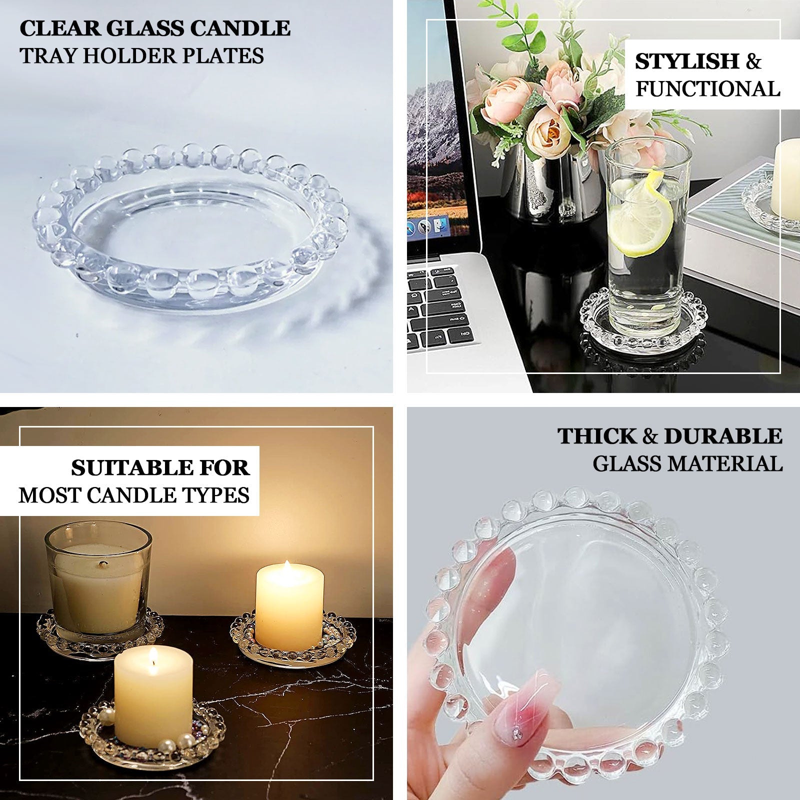 6 - Pack Glass Pillar Candle Holder Plates Clear with Beaded Rims - Transparent Small Round Coaster Trays 4" - Bell Racket Store