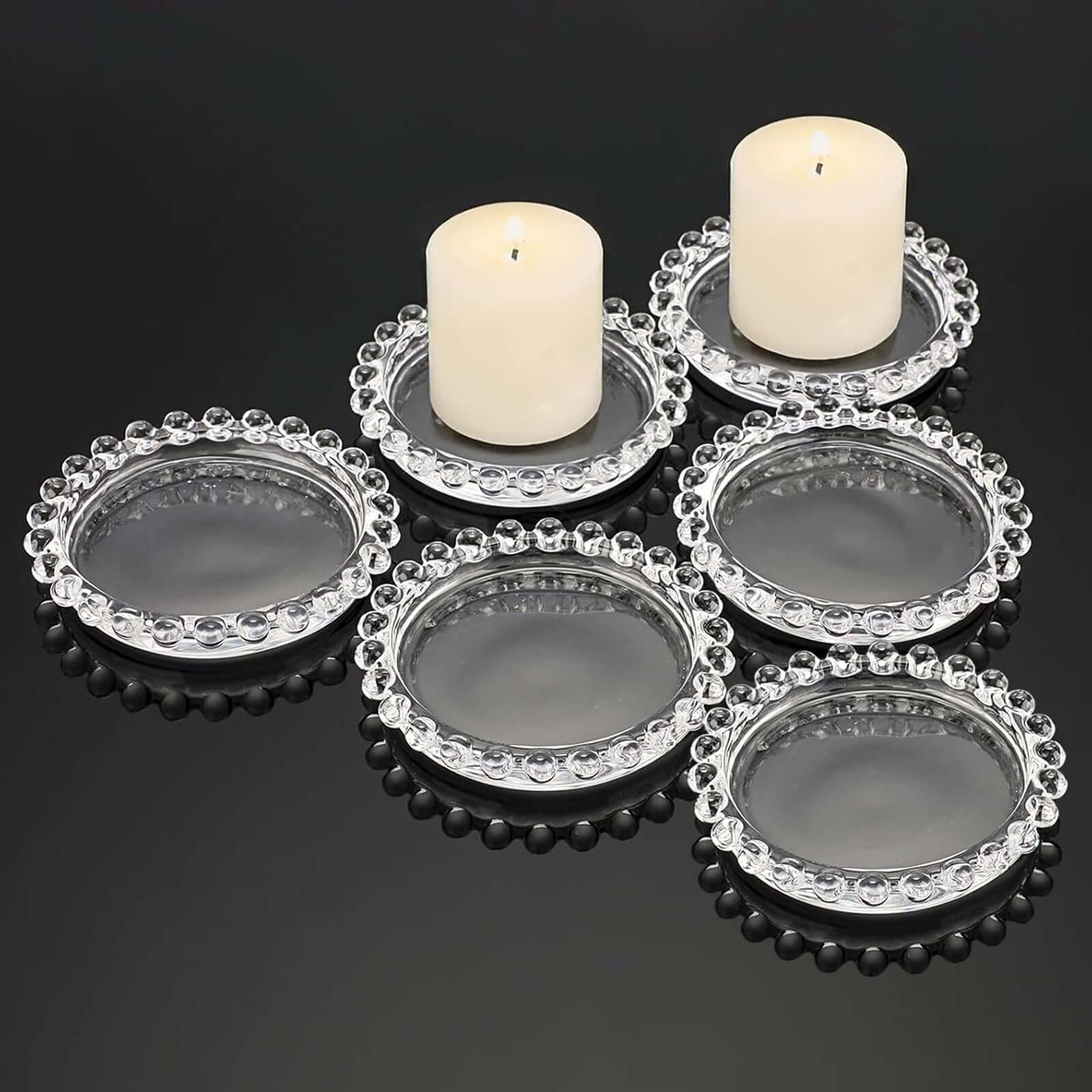 6 - Pack Glass Pillar Candle Holder Plates Clear with Beaded Rims - Transparent Small Round Coaster Trays 4" - Bell Racket Store