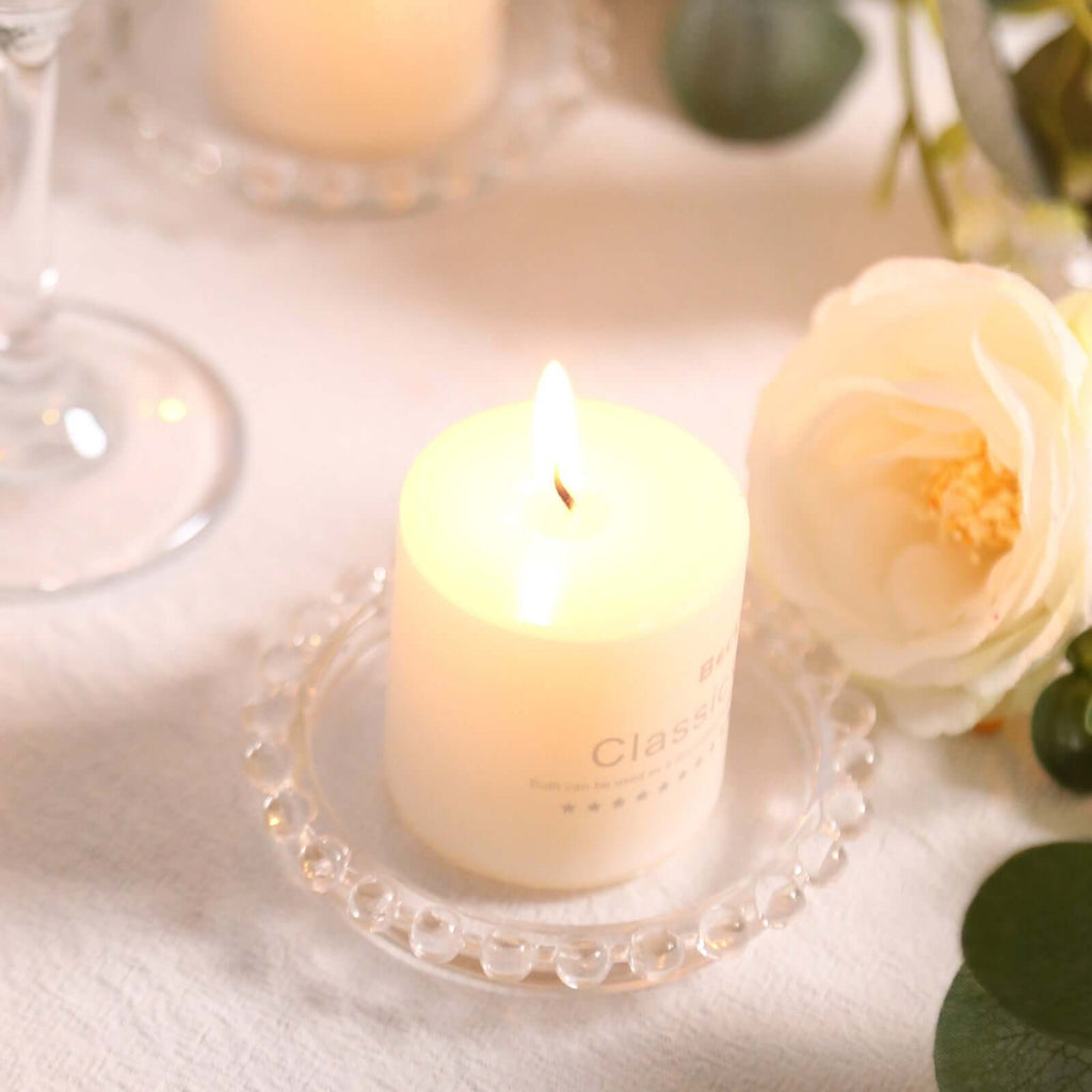 6 - Pack Glass Pillar Candle Holder Plates Clear with Beaded Rims - Transparent Small Round Coaster Trays 4" - Bell Racket Store