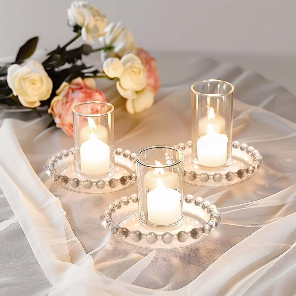 6 - Pack Glass Pillar Candle Holder Plates Clear with Beaded Rims - Transparent Small Round Coaster Trays 4" - Bell Racket Store