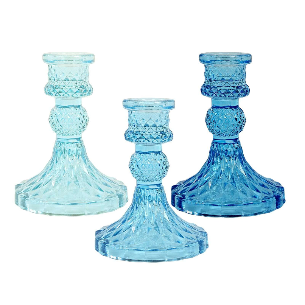 6 - Pack Glass Taper Candlestick Holders Diamond Pattern Design Assorted Blue - Reversible Crystal Pillar Votive Stands 4" - Bell Racket Store