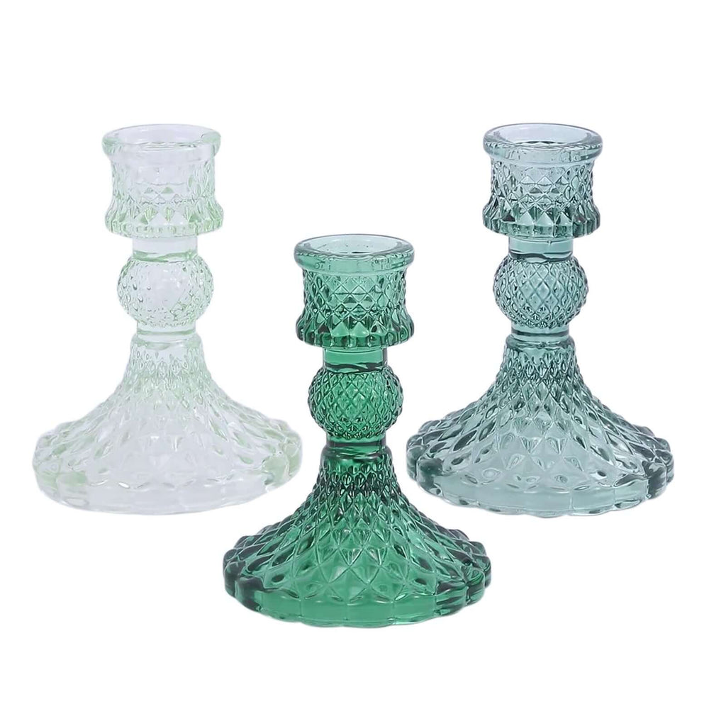 6 - Pack Glass Taper Candlestick Holders Diamond Pattern Design Assorted Green - Reversible Crystal Pillar Votive Stands 4" - Bell Racket Store