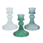 6 - Pack Glass Taper Candlestick Holders Diamond Pattern Design Assorted Green - Reversible Crystal Pillar Votive Stands 4" - Bell Racket Store