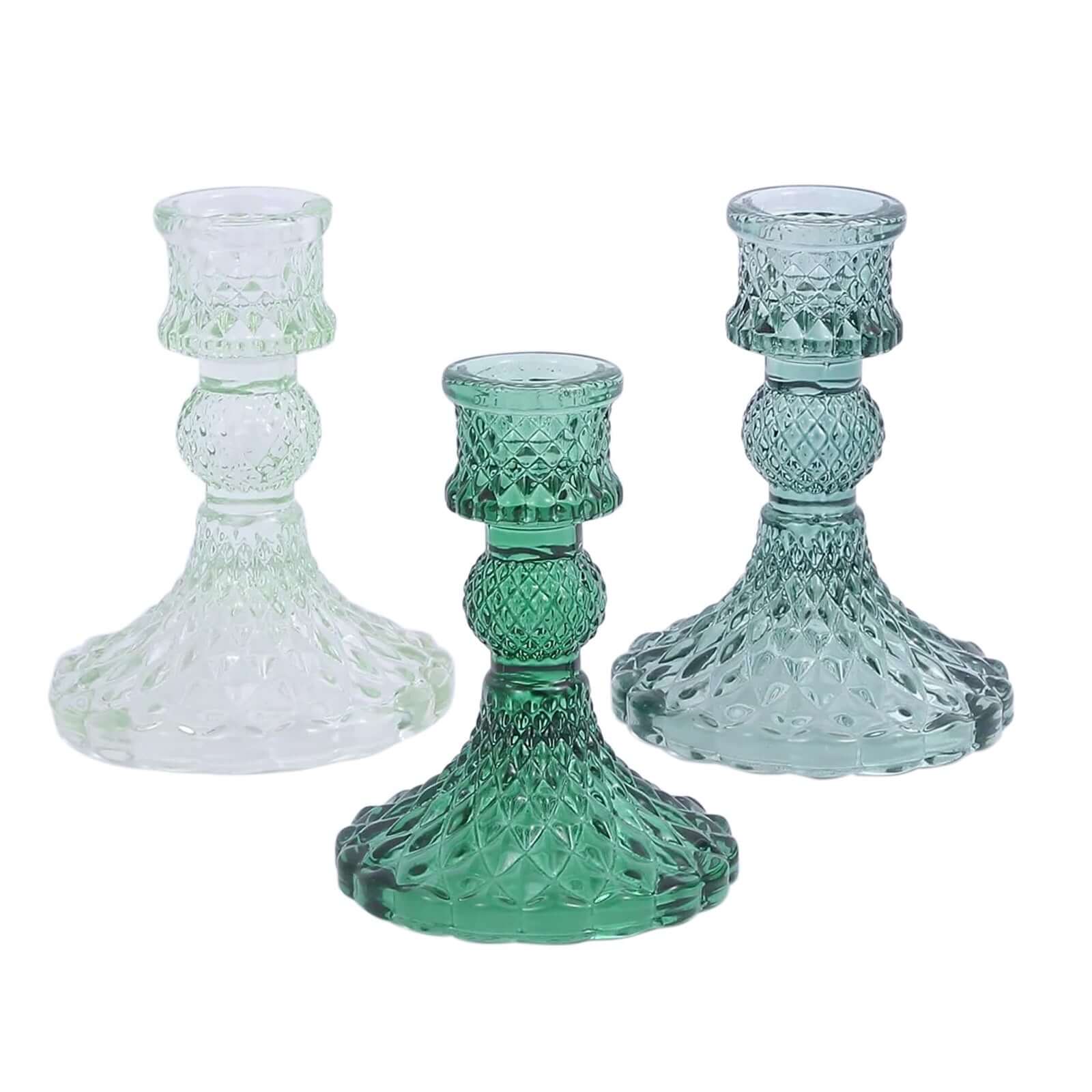6 - Pack Glass Taper Candlestick Holders Diamond Pattern Design Assorted Green - Reversible Crystal Pillar Votive Stands 4" - Bell Racket Store