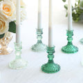 6 - Pack Glass Taper Candlestick Holders Diamond Pattern Design Assorted Green - Reversible Crystal Pillar Votive Stands 4" - Bell Racket Store