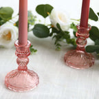 6 - Pack Glass Taper Candlestick Holders Diamond Pattern Design Dusty Rose - Reversible Crystal Pillar Votive Stands 4" - Bell Racket Store