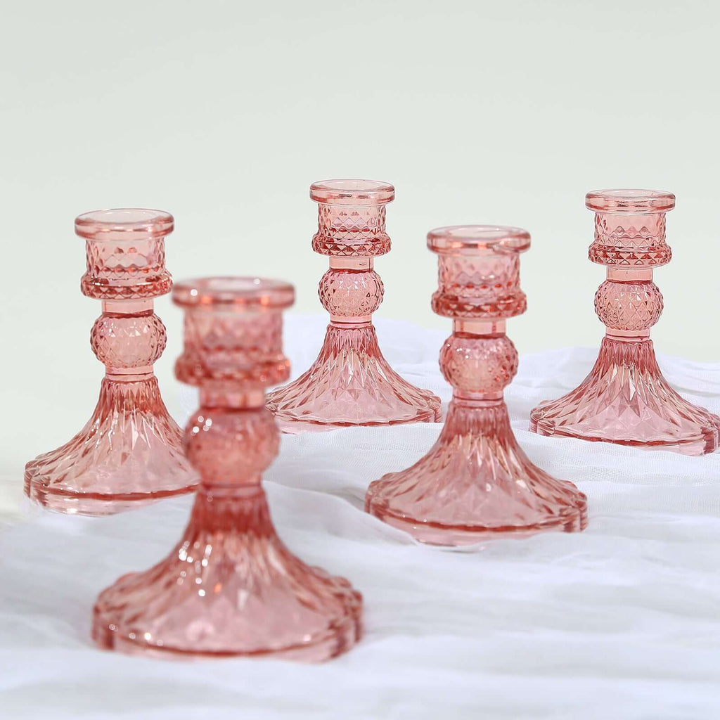 6 - Pack Glass Taper Candlestick Holders Diamond Pattern Design Dusty Rose - Reversible Crystal Pillar Votive Stands 4" - Bell Racket Store