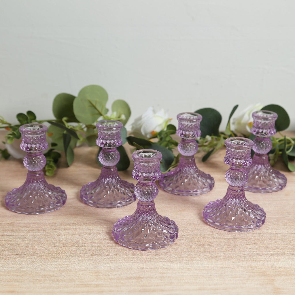 6 - Pack Glass Taper Candlestick Holders Diamond Pattern Design Lavender Lilac - Reversible Crystal Pillar Votive Stands 4" - Bell Racket Store