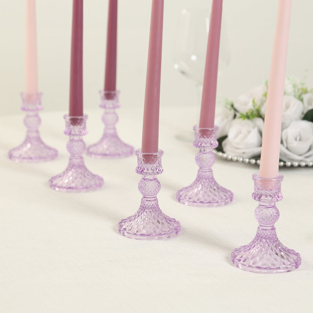 6 - Pack Glass Taper Candlestick Holders Diamond Pattern Design Lavender Lilac - Reversible Crystal Pillar Votive Stands 4" - Bell Racket Store