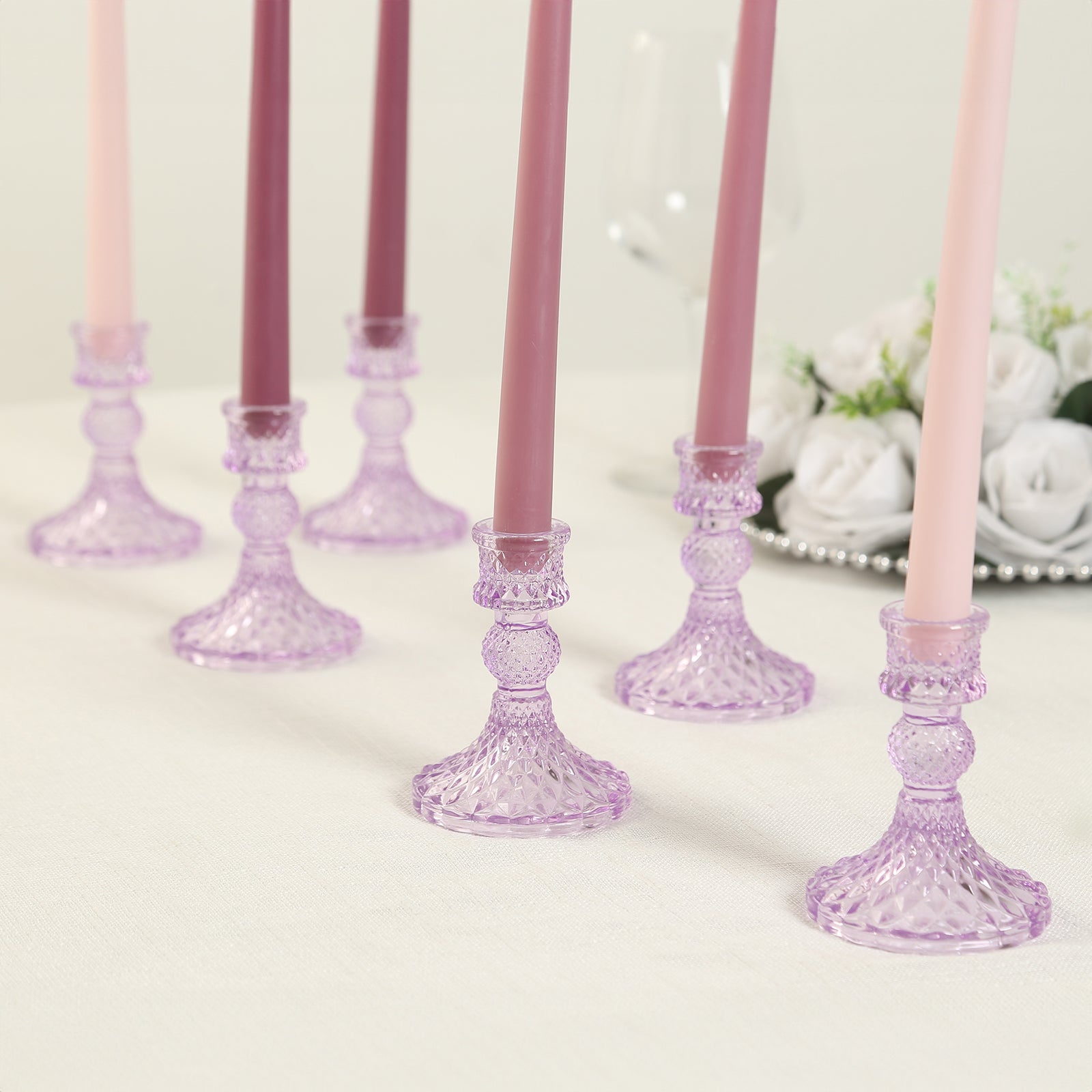 6 - Pack Glass Taper Candlestick Holders Diamond Pattern Design Lavender Lilac - Reversible Crystal Pillar Votive Stands 4" - Bell Racket Store