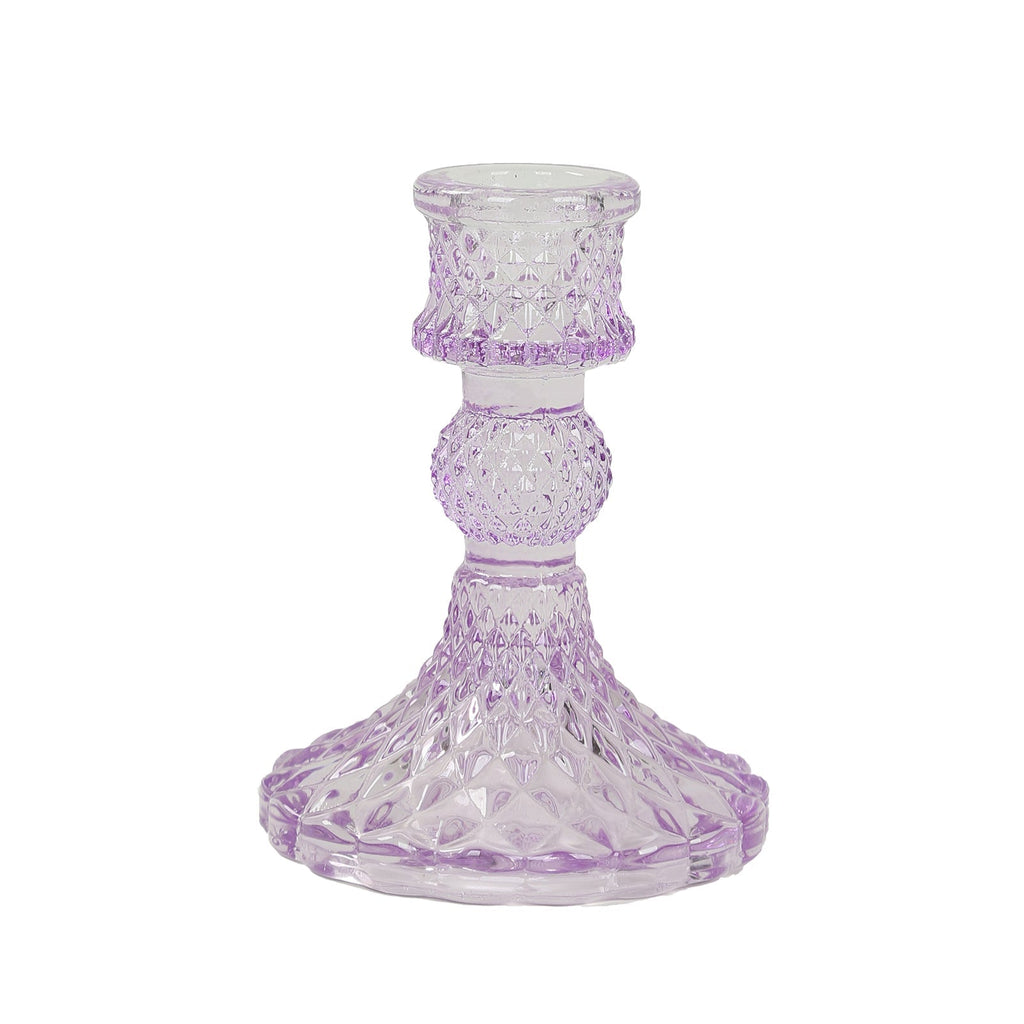 6 - Pack Glass Taper Candlestick Holders Diamond Pattern Design Lavender Lilac - Reversible Crystal Pillar Votive Stands 4" - Bell Racket Store