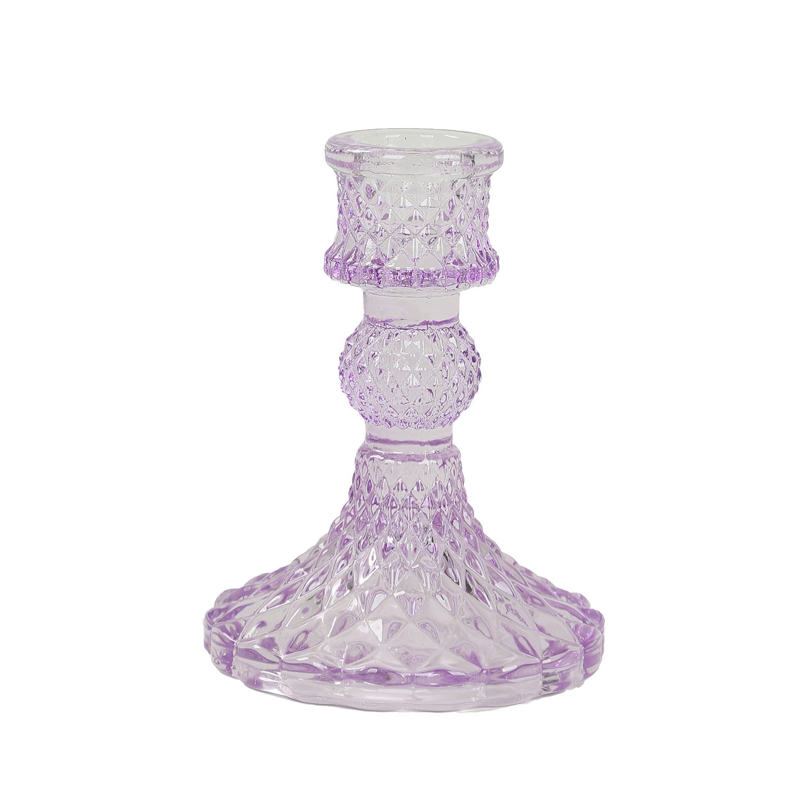 6 - Pack Glass Taper Candlestick Holders Diamond Pattern Design Lavender Lilac - Reversible Crystal Pillar Votive Stands 4" - Bell Racket Store