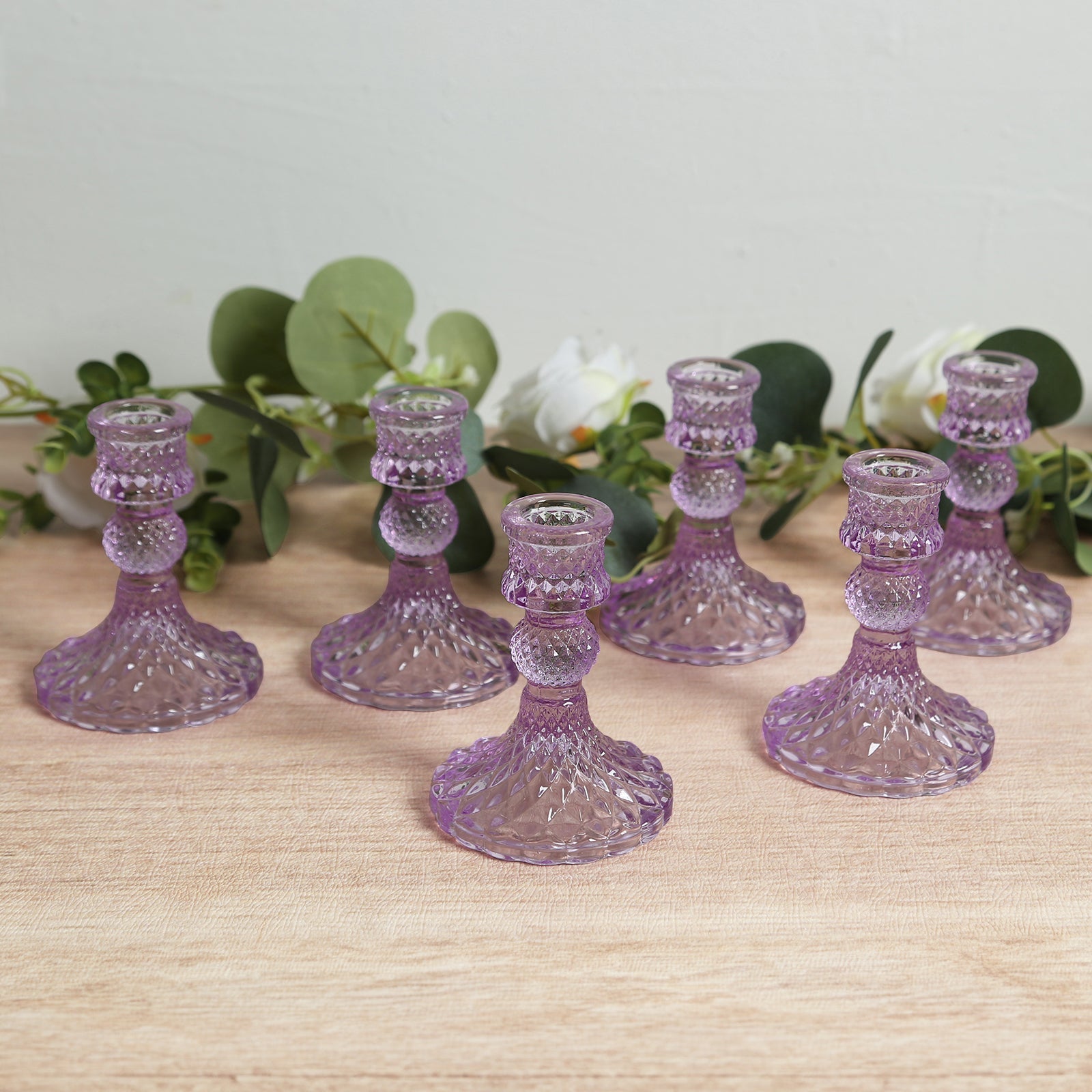 6 - Pack Glass Taper Candlestick Holders Diamond Pattern Design Lavender Lilac - Reversible Crystal Pillar Votive Stands 4" - Bell Racket Store