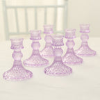 6 - Pack Glass Taper Candlestick Holders Diamond Pattern Design Lavender Lilac - Reversible Crystal Pillar Votive Stands 4" - Bell Racket Store