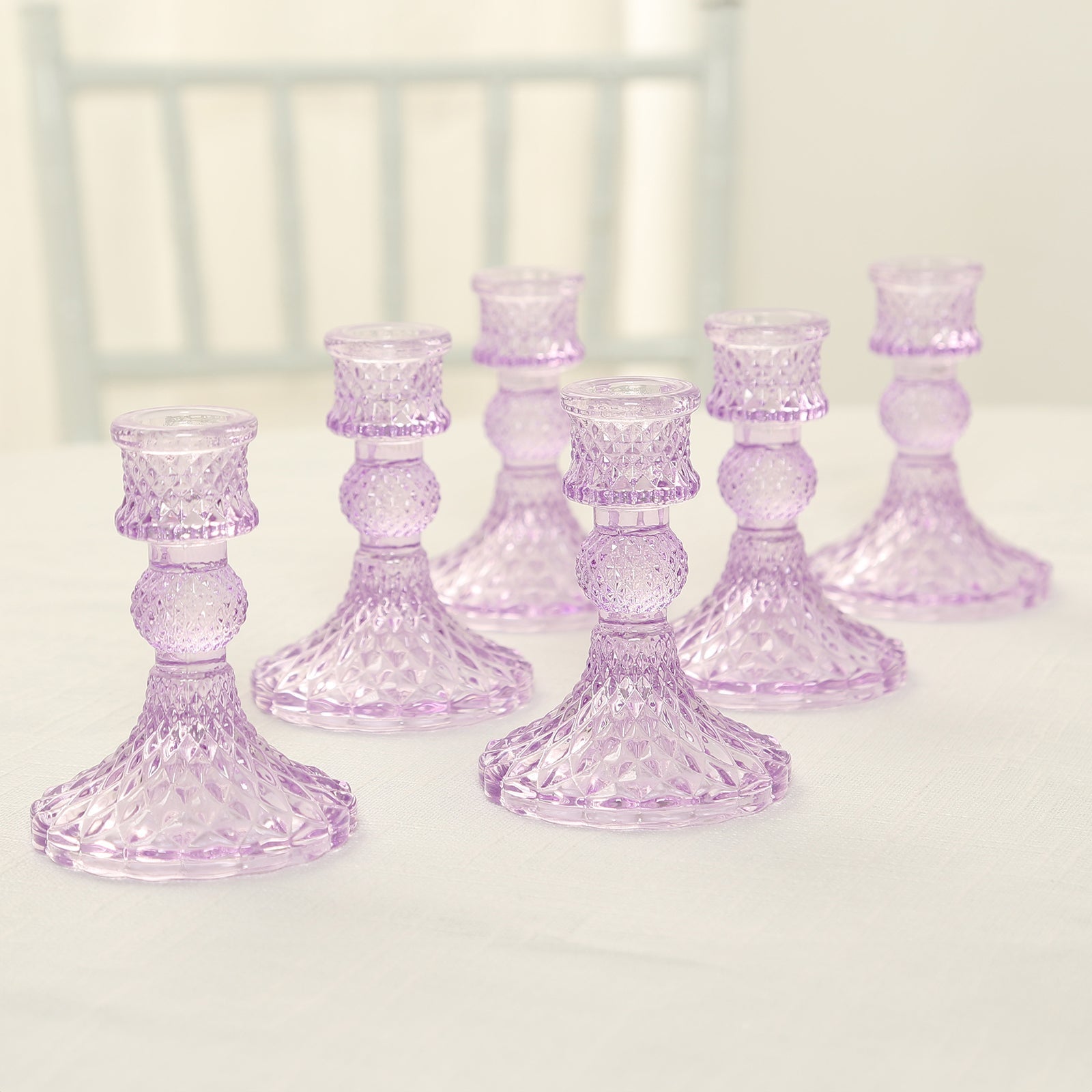 6 - Pack Glass Taper Candlestick Holders Diamond Pattern Design Lavender Lilac - Reversible Crystal Pillar Votive Stands 4" - Bell Racket Store