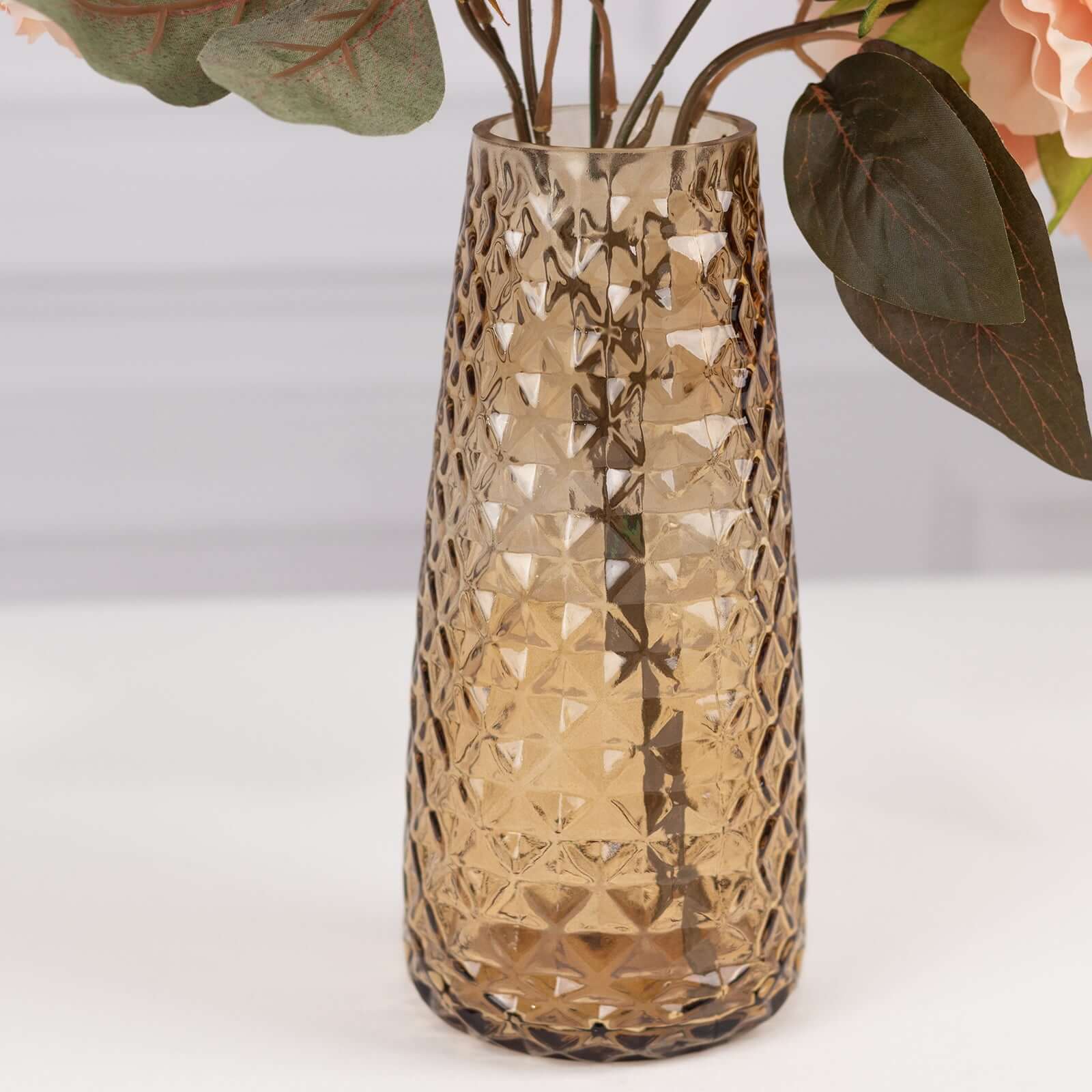 6 - Pack Glass Urn Vases Amber Gold with Diamond Crystal Cut Pattern - Stylish Decorative Design for Event Decor 8.5" - Bell Racket Store