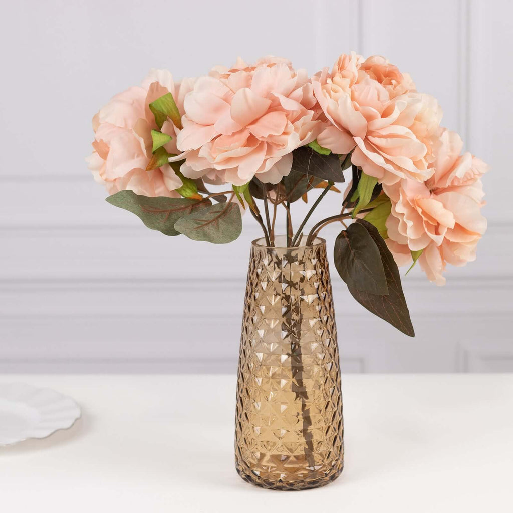 6 - Pack Glass Urn Vases Amber Gold with Diamond Crystal Cut Pattern - Stylish Decorative Design for Event Decor 8.5" - Bell Racket Store