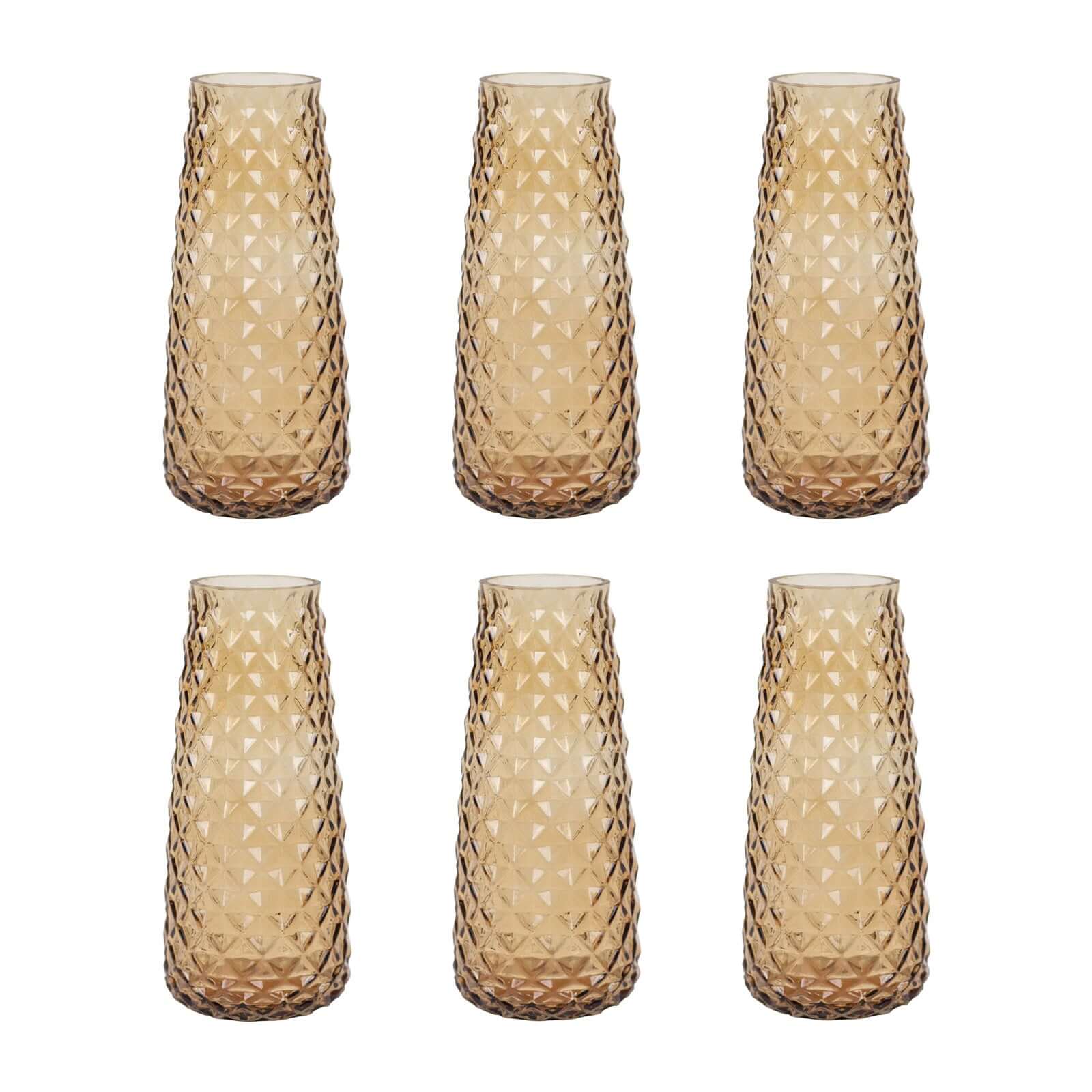 6 - Pack Glass Urn Vases Amber Gold with Diamond Crystal Cut Pattern - Stylish Decorative Design for Event Decor 8.5" - Bell Racket Store