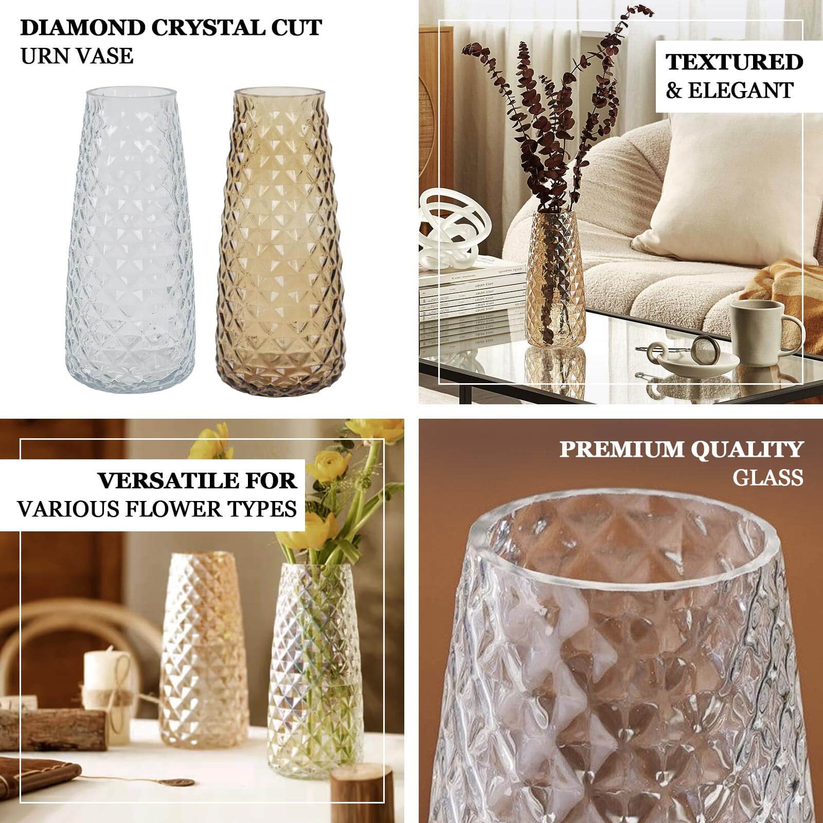 6 - Pack Glass Urn Vases Amber Gold with Diamond Crystal Cut Pattern - Stylish Decorative Design for Event Decor 8.5" - Bell Racket Store