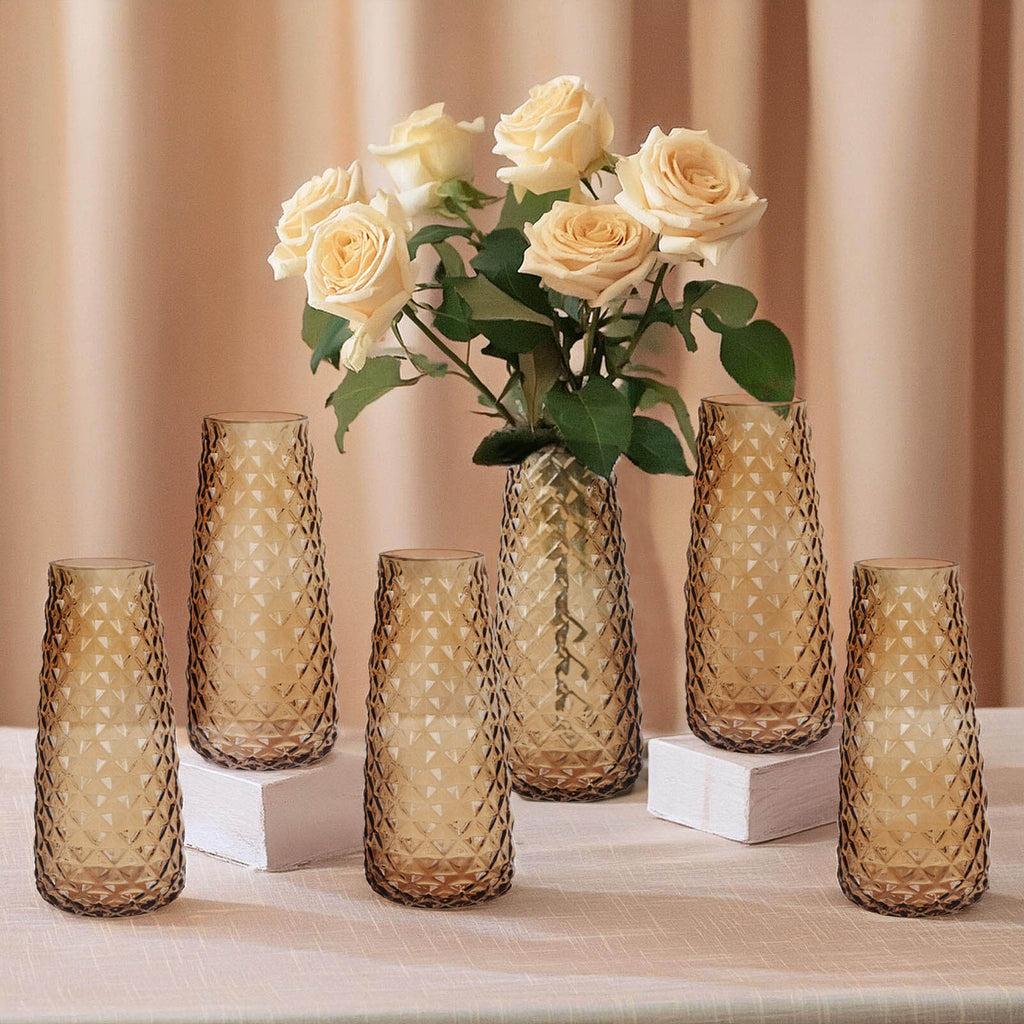 6 - Pack Glass Urn Vases Amber Gold with Diamond Crystal Cut Pattern - Stylish Decorative Design for Event Decor 8.5" - Bell Racket Store