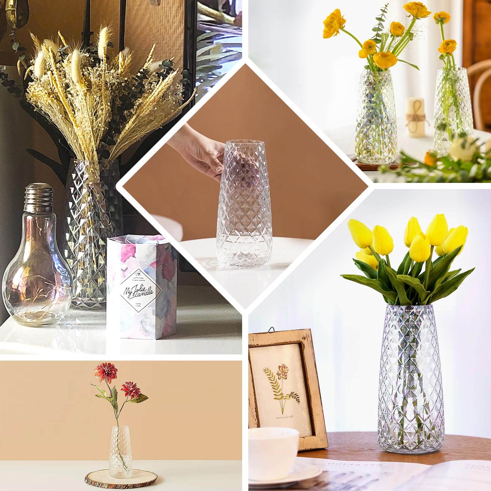 6 - Pack Glass Urn Vases Amber Gold with Diamond Crystal Cut Pattern - Stylish Decorative Design for Event Decor 8.5" - Bell Racket Store