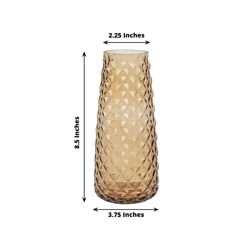 6 - Pack Glass Urn Vases Amber Gold with Diamond Crystal Cut Pattern - Stylish Decorative Design for Event Decor 8.5" - Bell Racket Store