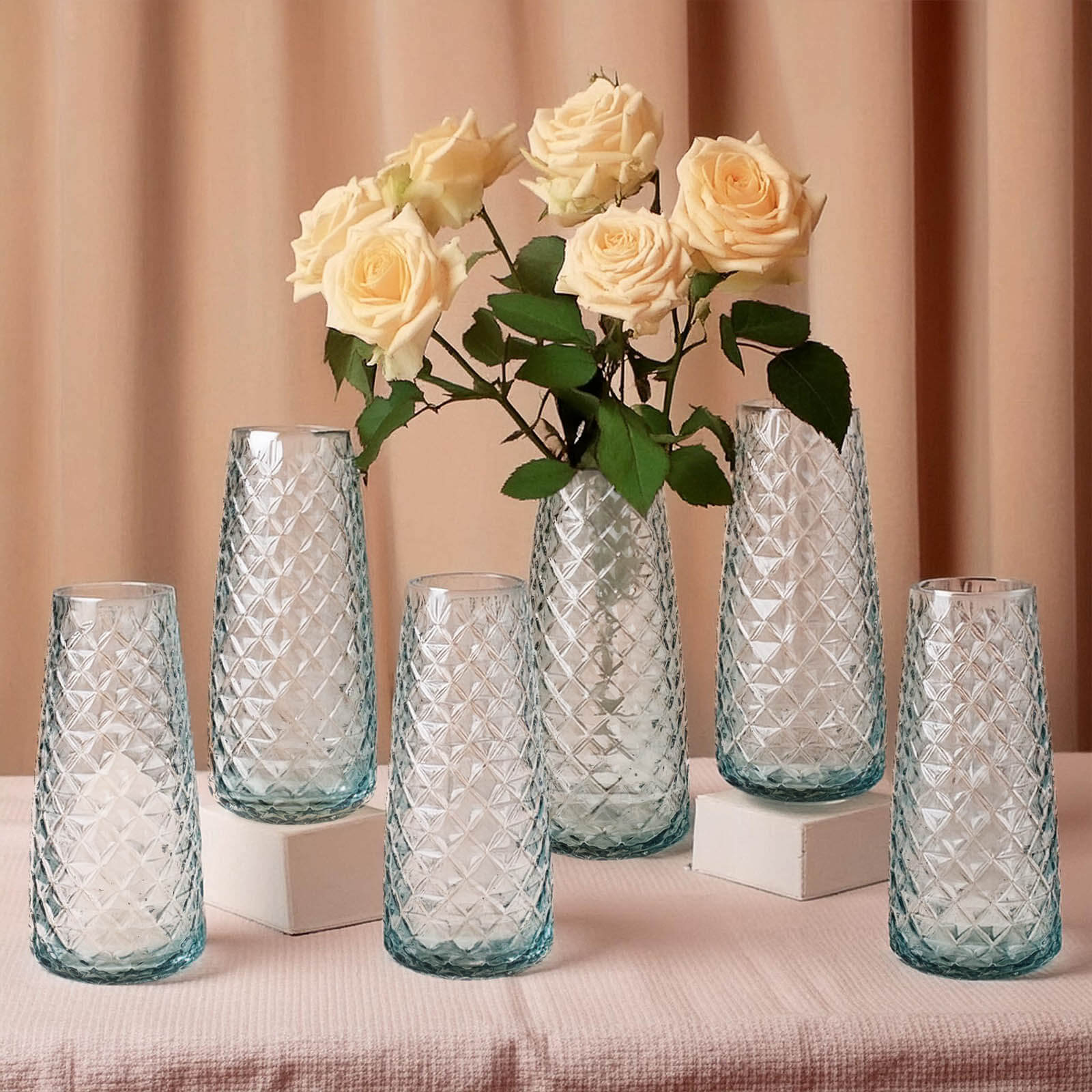 6 - Pack Glass Urn Vases Clear with Diamond Crystal Cut Pattern - Stylish Decorative Design for Event Decor 8.5" - Bell Racket Store