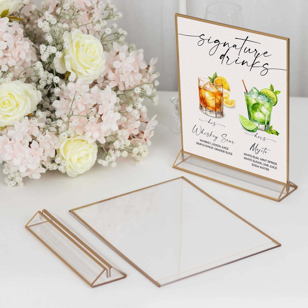 6 - Pack Gold Acrylic Rectangular Frame Sign Holders Clear Double - Sided Display with White Cardboard - Suitable for Banquets 9"x11" - Bell Racket Store