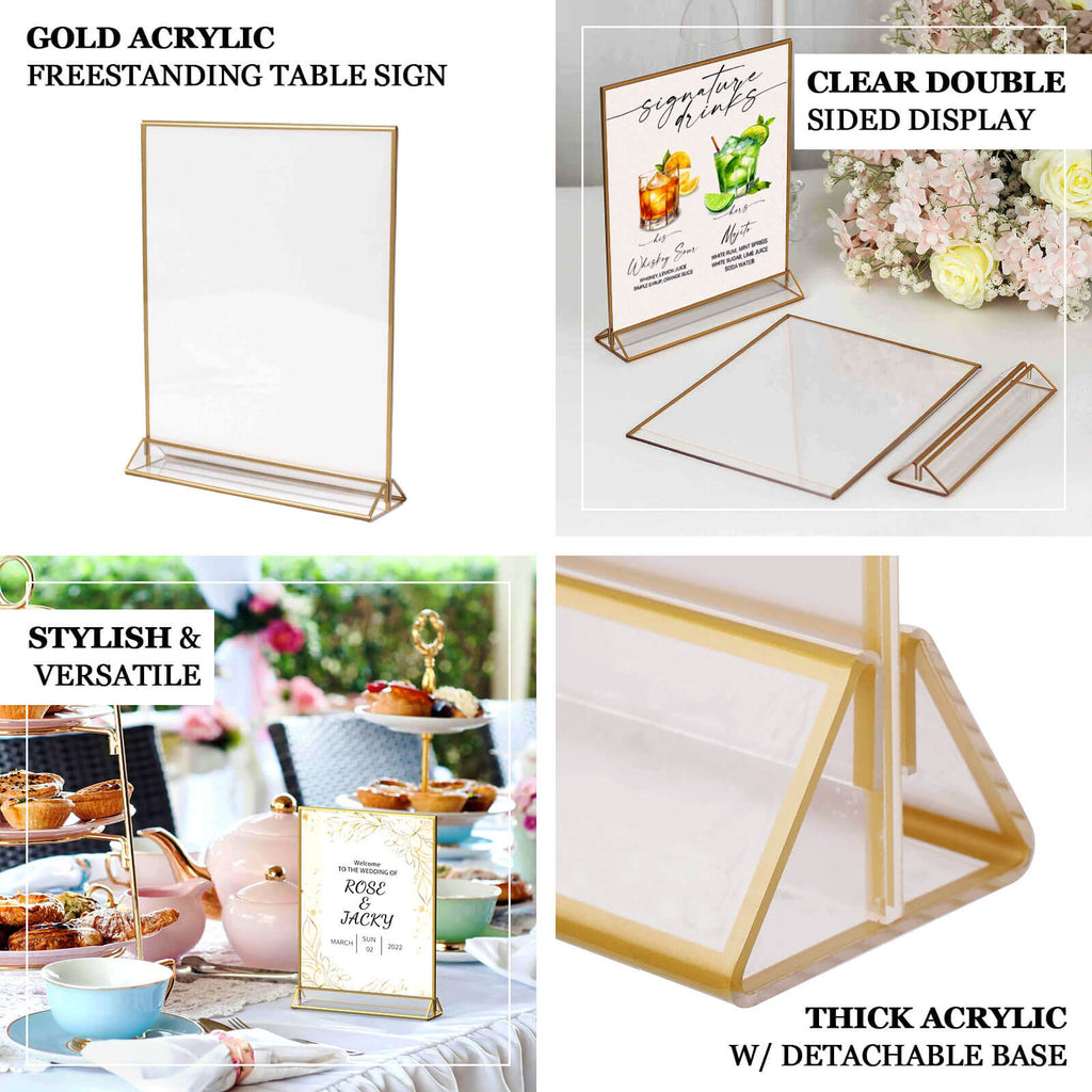 6 - Pack Gold Acrylic Rectangular Frame Sign Holders Clear Double - Sided Display with White Cardboard - Suitable for Banquets 9"x11" - Bell Racket Store