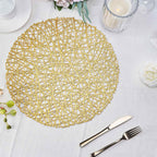 6-Pack Vinyl Placemats Gold Woven Design - Durable Non-Slip Round Table Mats for Dining 15"