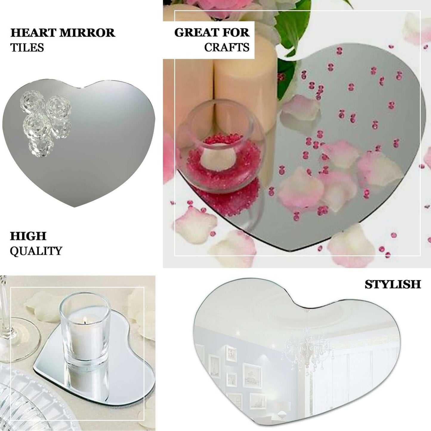 6 - Pack Hanging Wall Decor Heart Glass Mirror Table Centerpiece - Reflective Decorative Display 10" - NestOCart